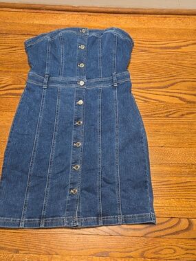Strapless Denim Dress Button Front Dark Blue Size 10